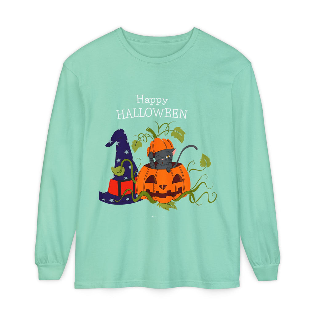 Happy Halloween Cat Long Sleeve T-Shirt, Unisex Halloween Shirt, Spooky Seasonal Apparel, Cute Trick or Treat Tee, Fall Festive Wear