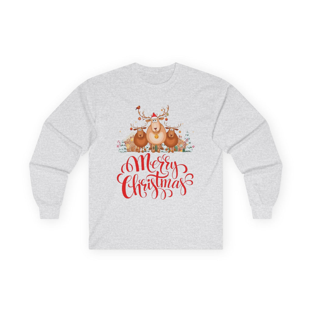 Merry Christmas Long Sleeve Tee, Holiday Shirt, Unisex Gift, Winter Wear, Festive Apparel, Reindeer Design